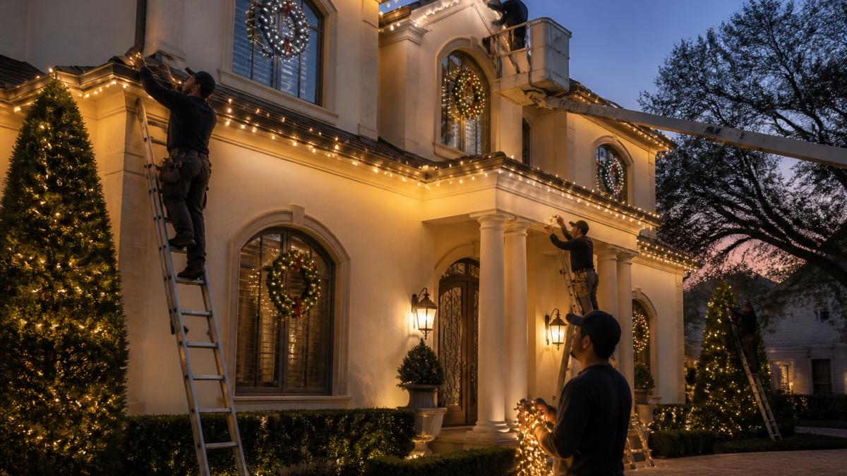 Professional outdoor holiday decorators installing warm lights on a large estate roofline at dusk