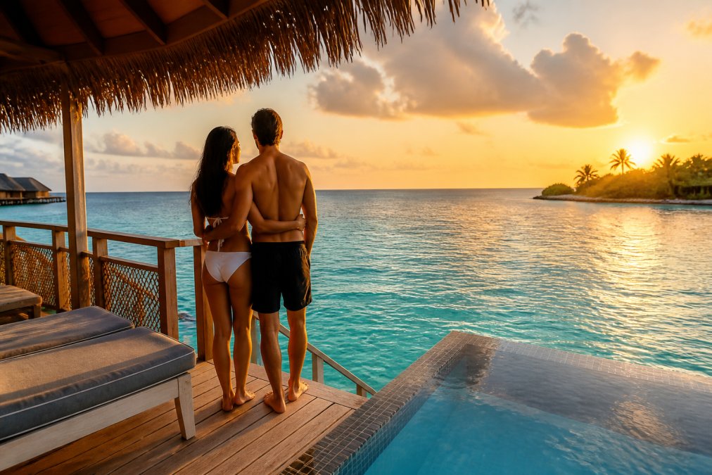 A couple in swimwear standing on the deck of an overwater bungalow at golden hour, turquoise lagoon stretching behind them, thatched roof visible overhead