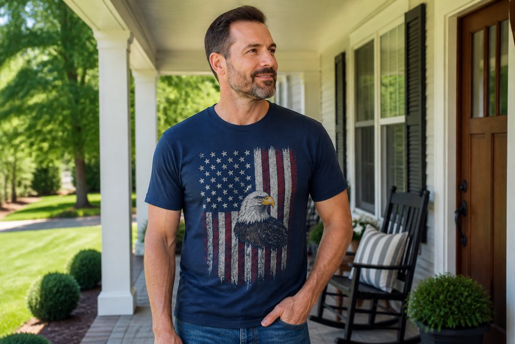 A man in his 40s wearing a patriotic graphic t-shirt stands on his front porch on a sunny afternoon, the fabric showing a clean, crisp print and relaxed fit