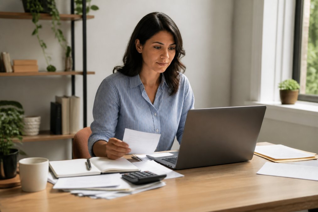 Small business owner reviewing payment gateway statements on a laptop in a sunlit home office workspace.