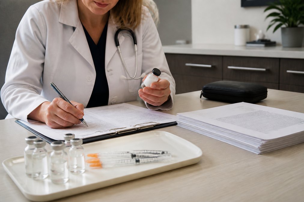 Healthcare professional reviewing peptide vials and syringes on a clinical workspace with organized documentation, representing proper peptide handling and medical oversight in a modern clinic setting