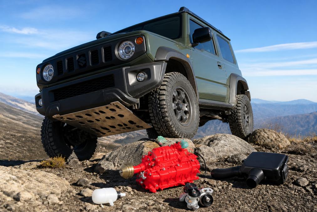 A modified Suzuki Jimny climbing rocky terrain with visible upgraded suspension, all-terrain tires, and reinforced underbody protection in bright daylight