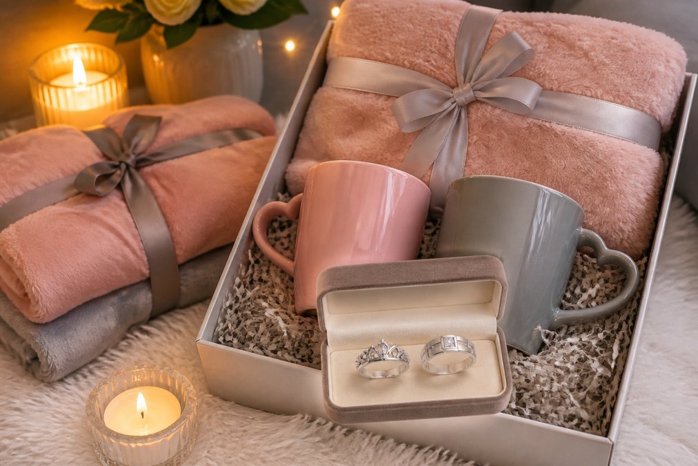 A beautifully arranged anniversary gift box displayed on a soft surface with matching couple blankets folded nearby, warm candles, and two personalized mugs arranged artfully, showing the luxury romantic keepsake set