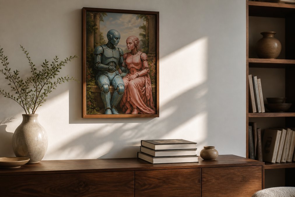 A sunlit living room wall with a single wooden framed print of Mars and Venus as Robots hanging above a walnut console table holding stacked art books