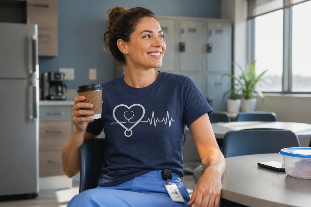 A nurse wearing a personalized graphic tee during a shift break, smiling while holding a coffee cup in a bright hospital break room, showing the comfort and fit of quality nursing apparel