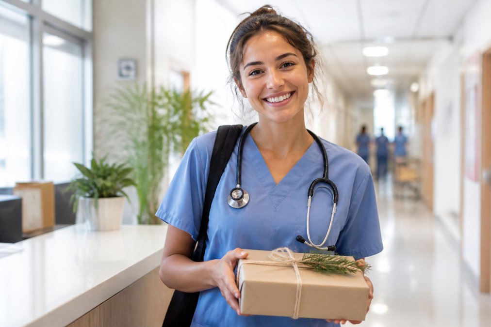 A nursing student in scrubs holding a personalized gift box and wearing a motivational nursing tee, celebrating their graduation or first day in a bright clinical setting