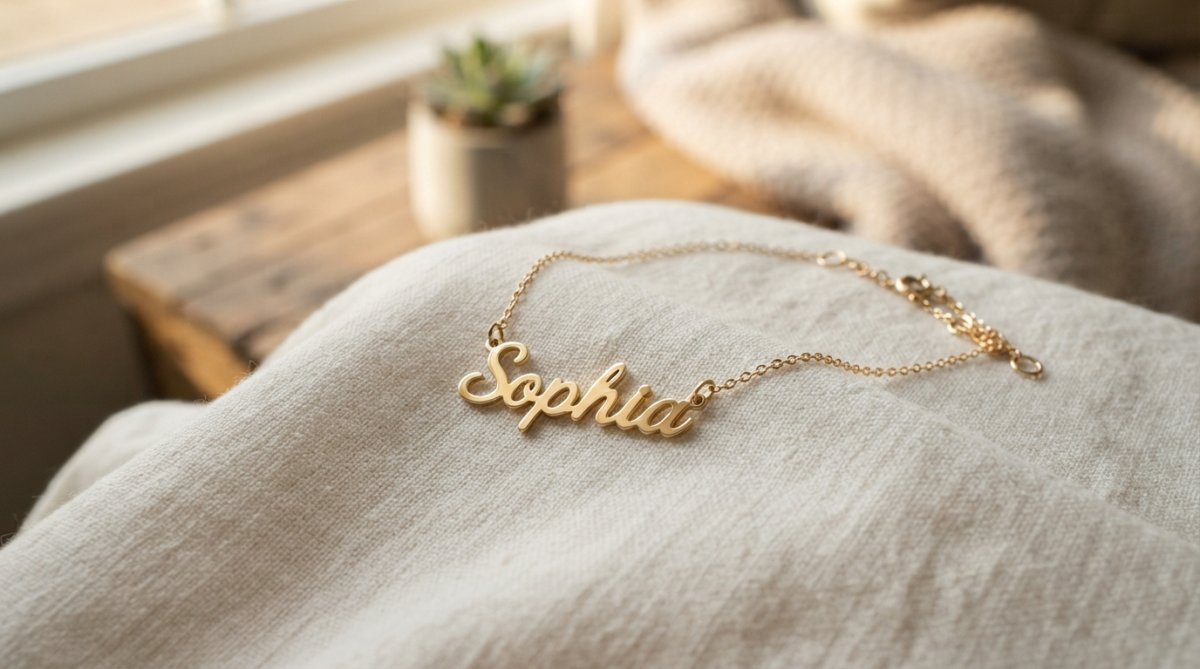 Close-up of a delicate custom name necklace displayed on soft white fabric with warm natural sunlight illuminating the pendant detail and adjustable chain