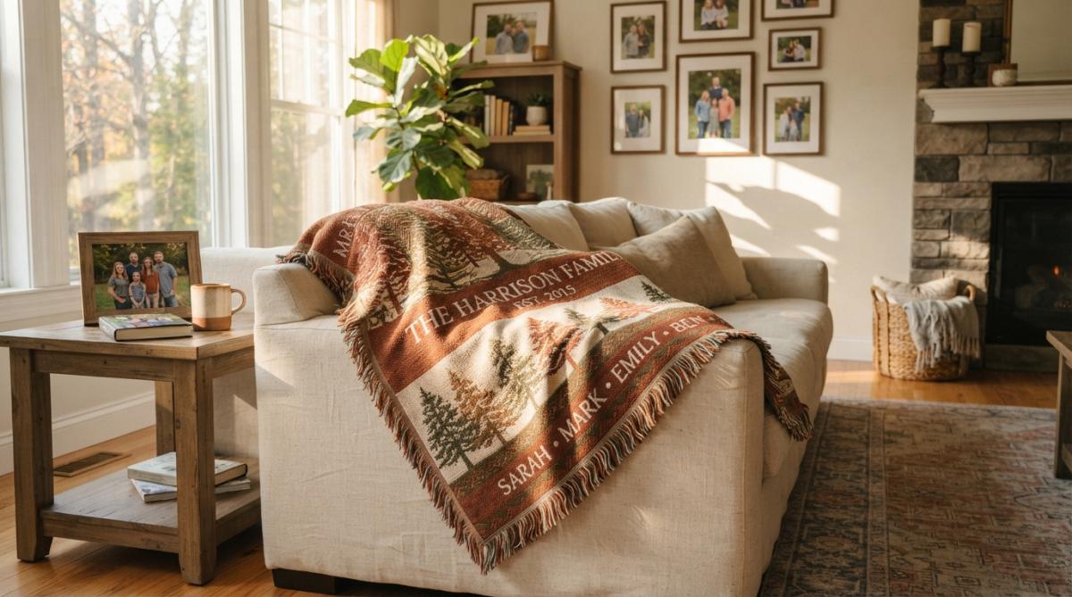 A cozy living room with a personalized heirloom blanket in warm earth tones draped over a cream-colored sofa, showing custom woven details with soft afternoon sunlight streaming through nearby windows