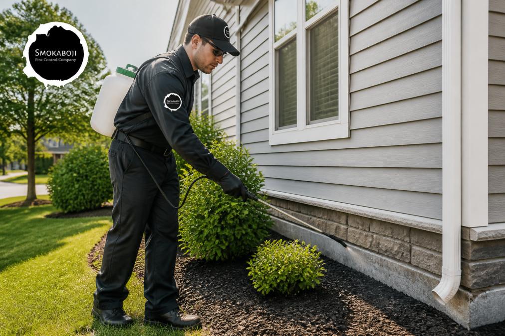 A professional pest control technician in a clean uniform spraying the perimeter of a suburban home's foundation on a sunny day