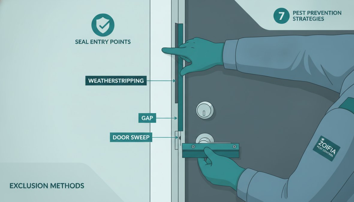 Close-up of technician installing a metal door sweep with weatherstripping on an apartment door frame, showing hands positioning the seal material