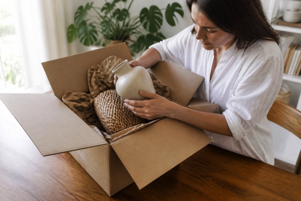 Person carefully unboxing a home decor item, examining the packaging materials and product quality under natural lighting, wooden table surface