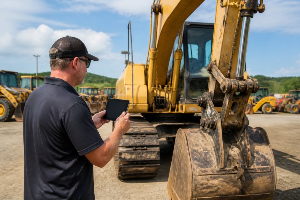 Heavy equipment operator or dealer inspecting an excavator in a yard, documenting condition with a tablet or camera, natural outdoor lighting