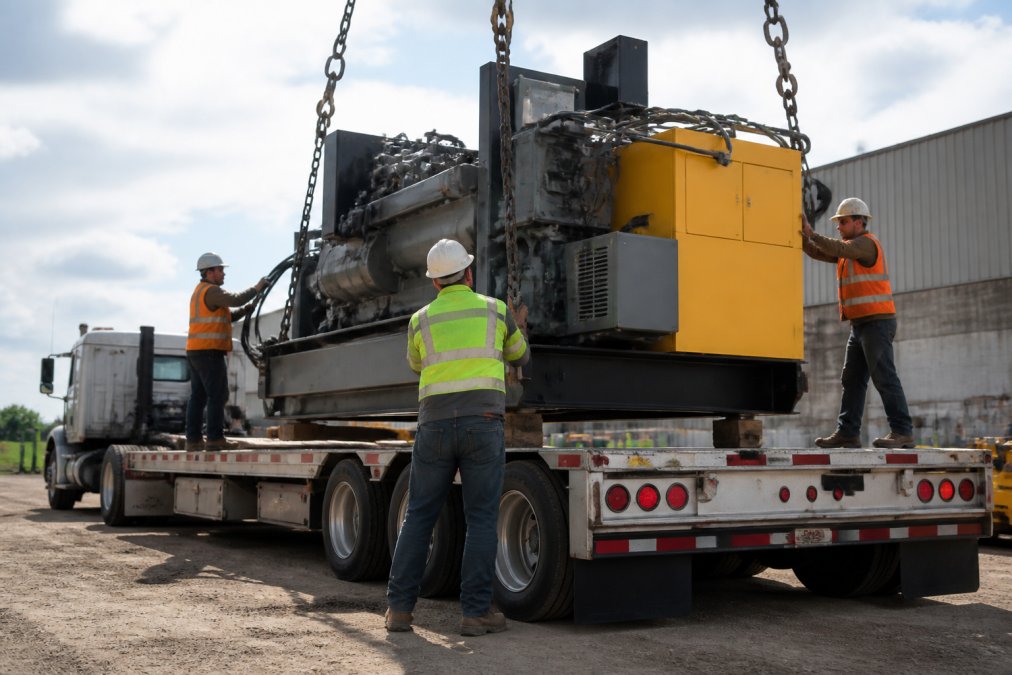 Industrial machinery being loaded onto a flatbed truck for transport, showing rigging and logistics in action, professional crew working