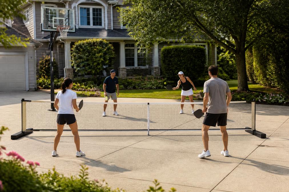 Professional illustration showing 7 best portable pickleball nets for driveways
