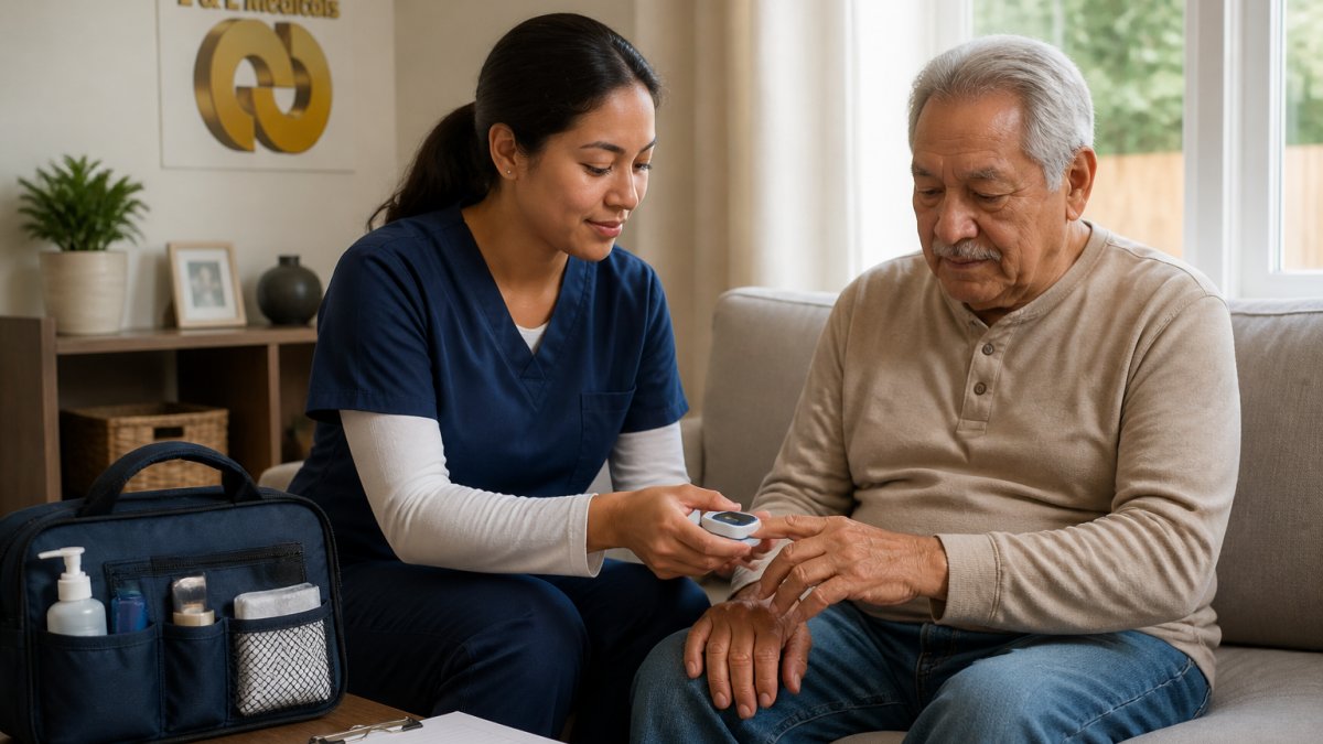 A home health nurse placing a fingertip pulse oximeter on an elderly patient's finger in a bright living room, with a medical bag visible nearby