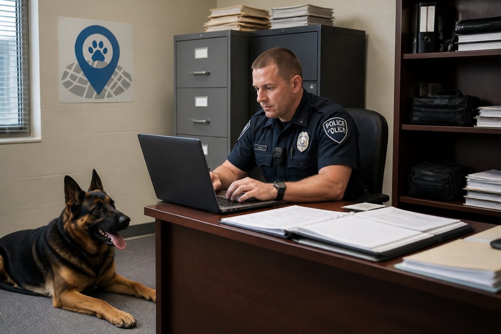 K9 handler reviewing digital ANSI 076 data on a laptop with a German Shepherd resting in a police office