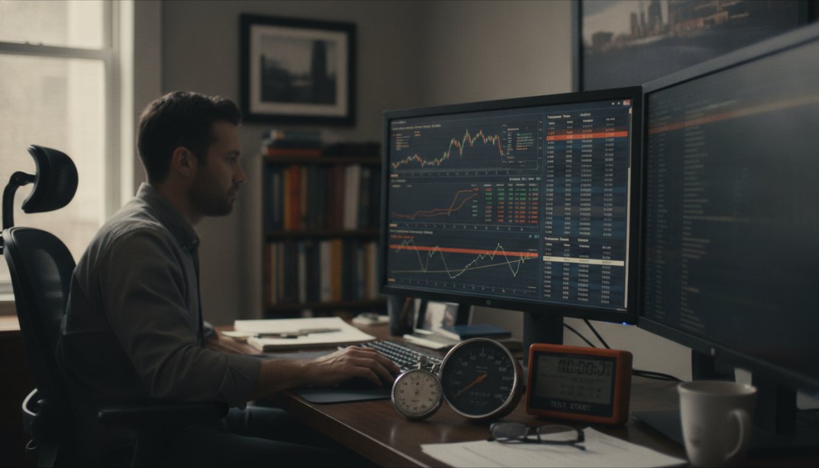 Professional illustration showing trader and reviewing and backtesting concepts for backtesting trading strategies