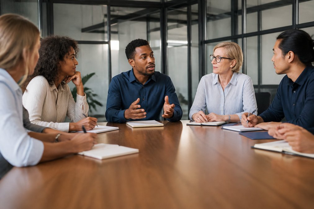 Diverse team of employees gathered around a conference table during a crisis communication drill, with one person speaking while others take notes and listen intently