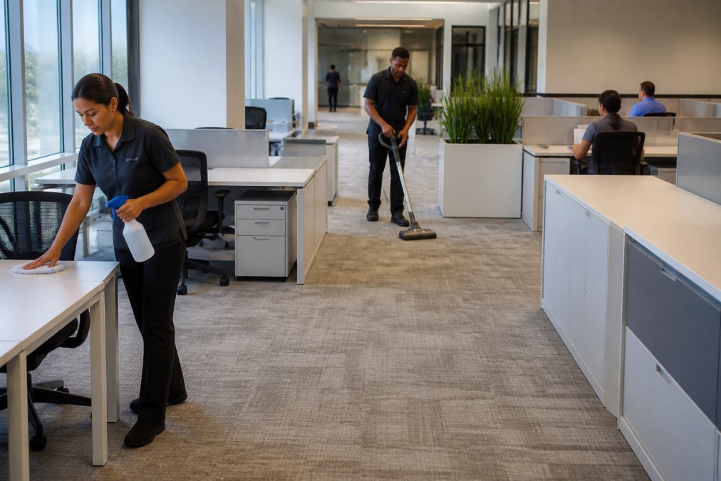 A commercial cleaning crew in uniform working quietly in a modern open-plan office while employees continue working at their desks, early morning light through windows