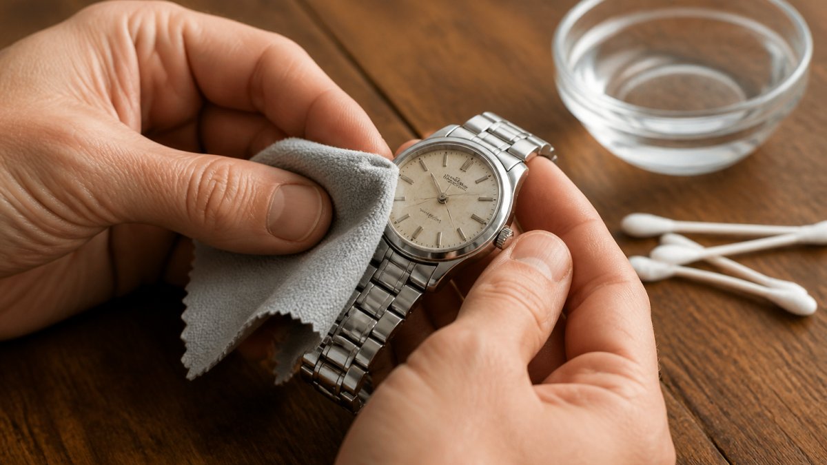 Close-up of hands using a soft microfiber cloth to gently wipe the case and bracelet of a vintage mechanical watch on a clean wooden table, with a small dish of water and cotton swabs nearby but out of focus