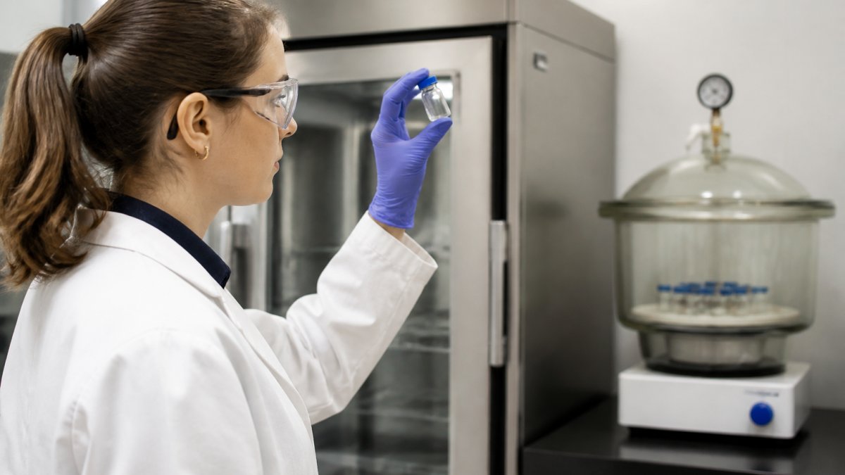 Researcher in a lab performing peptide vial handling by warming a glass vial to room temperature.