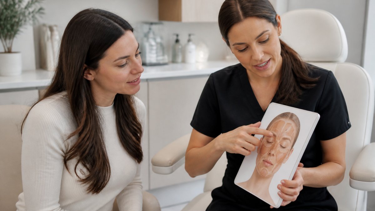 A woman in her mid-30s with natural-looking skin consulting with a licensed aesthetic provider in a bright, modern medical spa treatment room, pointing to a facial diagram on a tablet