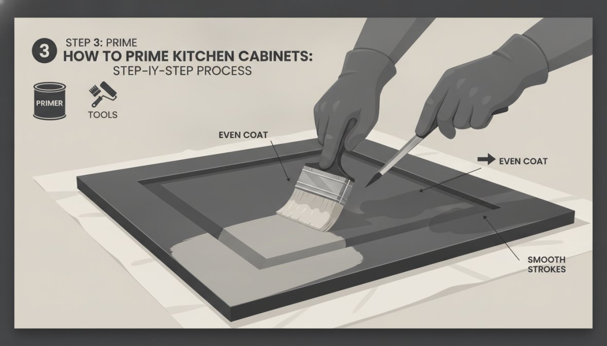 Painter's hands applying primer to kitchen cabinet door with angled brush, showing even coverage and proper technique with natural workshop lighting