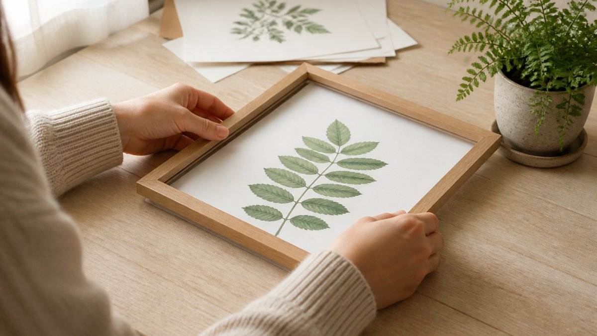 Hands placing a botanical wall art print into a light oak frame on a wooden desk with a small fern nearby.