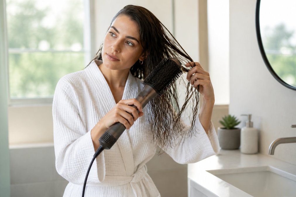 Woman with wet hair using a multi-function hair styling tool to dry and style her hair in a bright, modern bathroom with natural window lighting