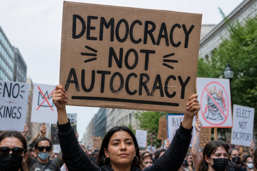 Close-up of a person holding a handmade cardboard protest sign with bold black lettering at an outdoor daytime march, other signs visible in the background