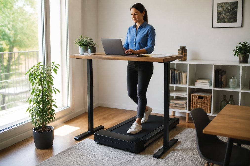 A professional working on a laptop at a standing desk while walking on a compact, foldable under-desk treadmill in a bright, modern home office with a large window