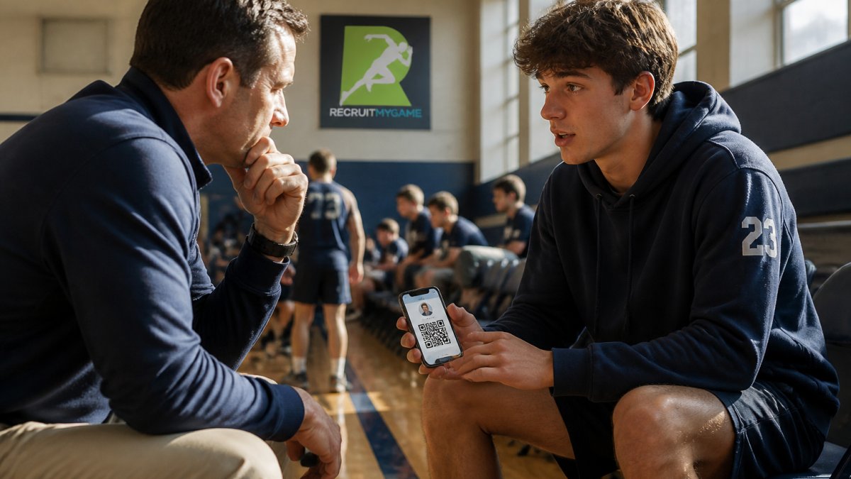 Athlete sharing a QR business card with a coach to exchange personalized recruiting data on a gym sideline
