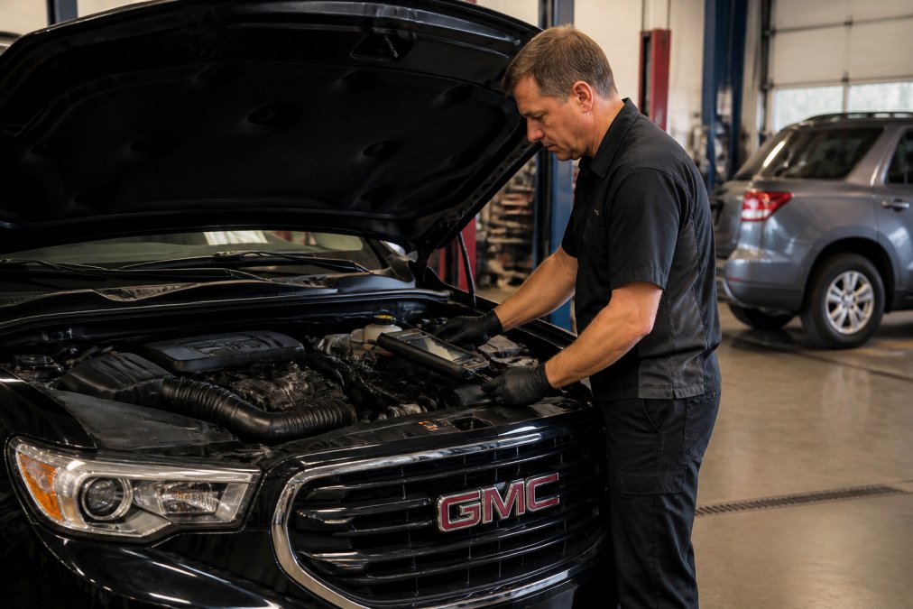 Professional technician performing detailed multipoint inspection on reconditioned SUV, checking engine components with diagnostic equipment under bright workshop lighting