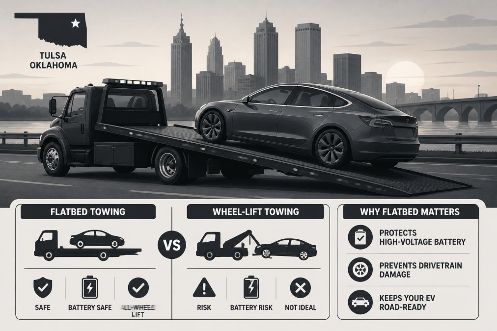 Flatbed tow truck loading a Tesla Model 3 on a Tulsa highway at dusk, highlighting reliable roadside assistance plans.