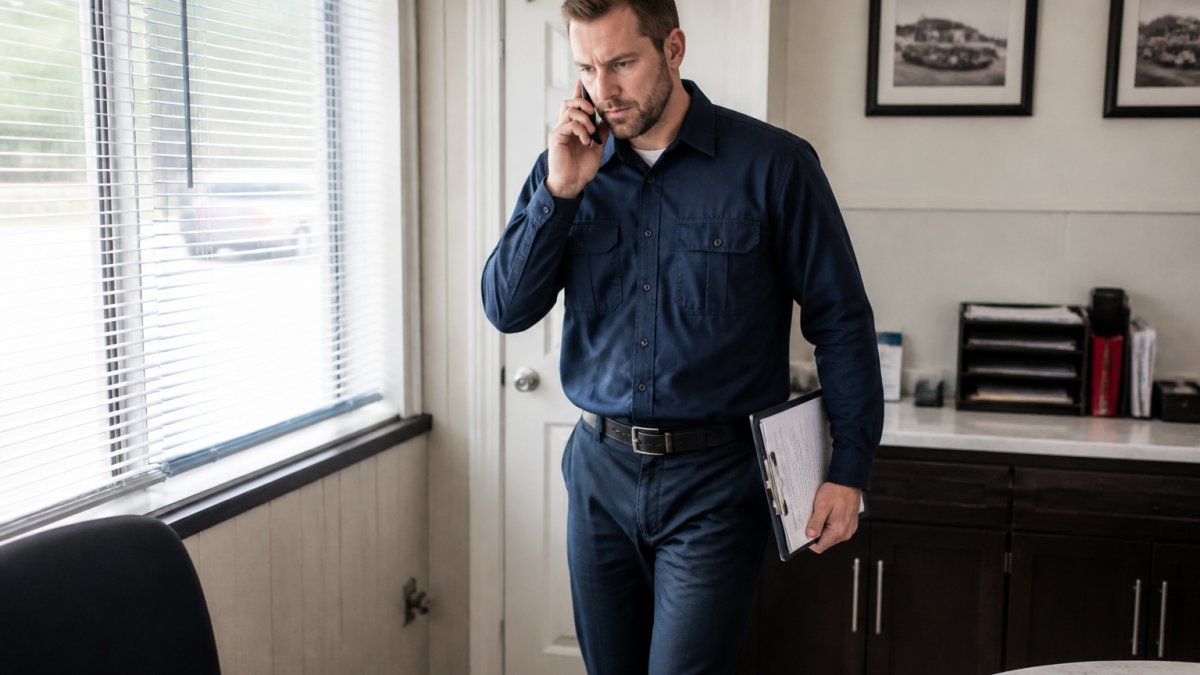 A small business owner in a home service uniform looking at a laptop and smartphone on a desk in a modest office, with a calendar and paperwork visible nearby