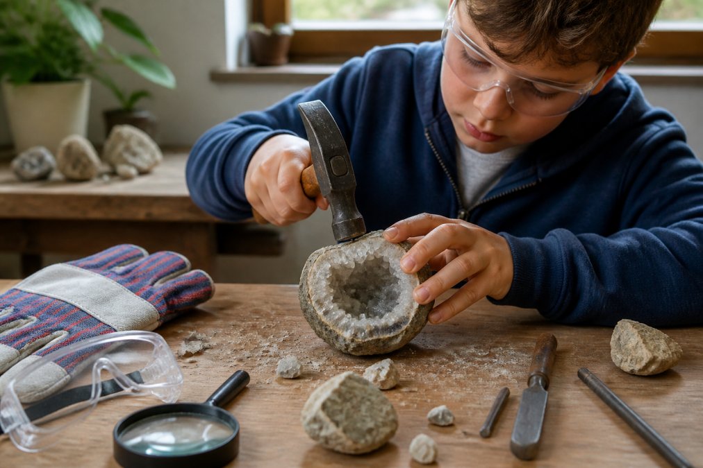 Child wearing safety glasses carefully cracking open a geode with a hammer on a work table, revealing sparkling clear quartz crystals inside, with cracking tools and protective equipment nearby