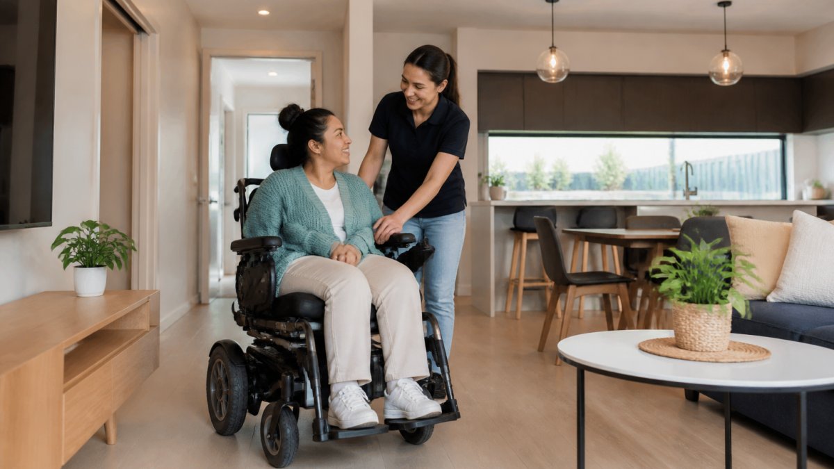 A bright, accessible modern home interior with wide doorways, step-free flooring and a support worker assisting a resident in a wheelchair in the living area