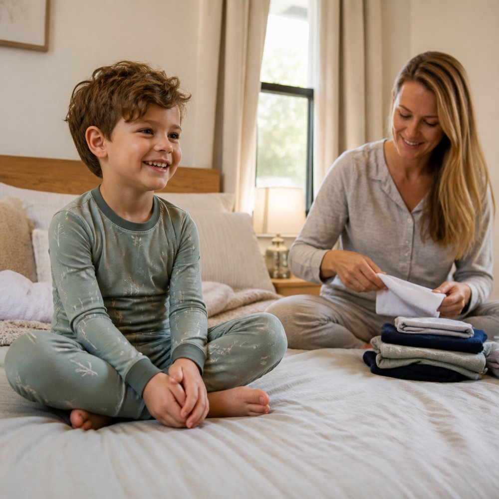 A young child wearing soft bamboo pajamas sitting cross-legged on a bed, smiling and relaxed, with a parent folding laundry nearby in a warmly lit bedroom