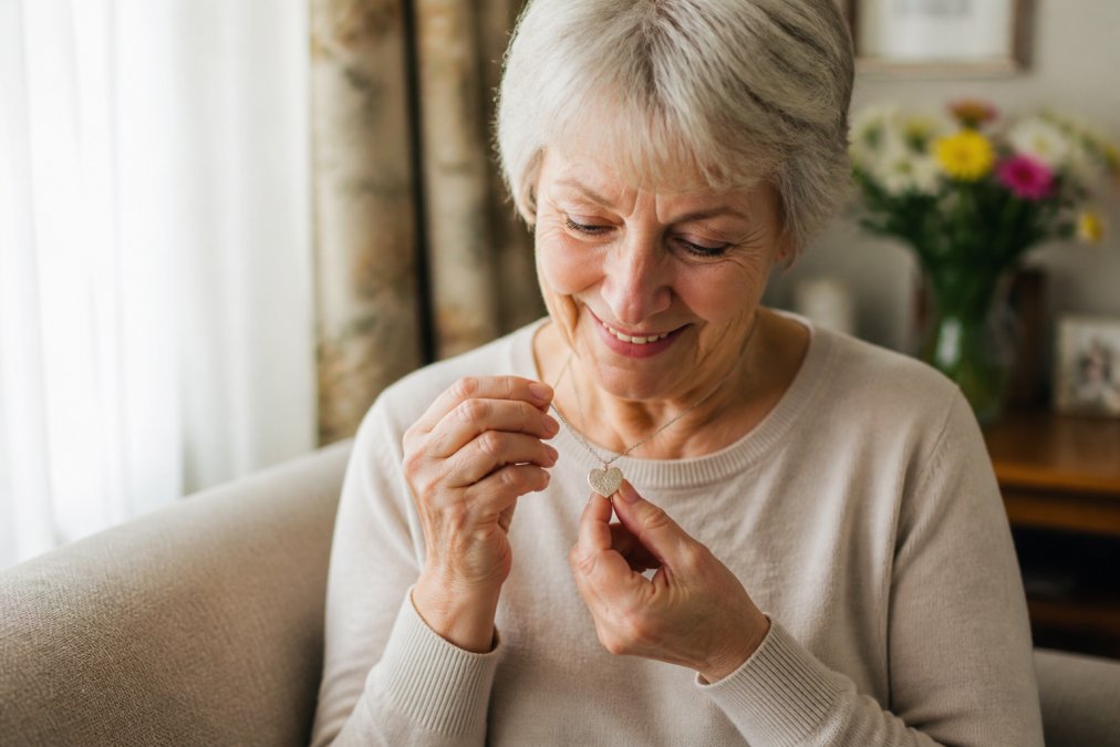 Grandmother's hands holding an engraved heart necklace, examining the pendant closely with a warm smile, natural window light illuminating her face