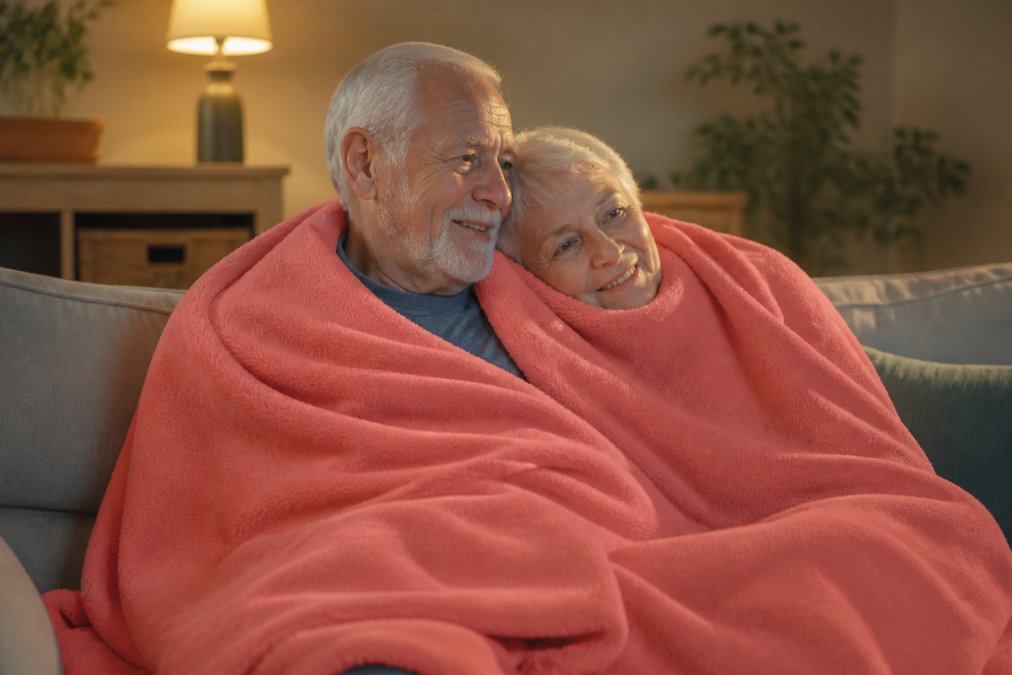 Elderly couple wrapped together in a soft coral fleece blanket on a couch, relaxed and content, warm indoor lighting creating a cozy atmosphere