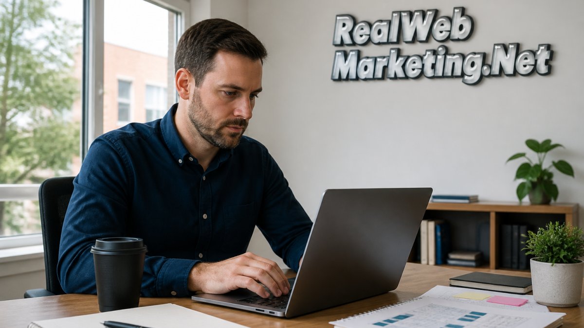 A small business owner reviewing website analytics on a laptop in a bright, modern office setting, coffee cup nearby, natural window light