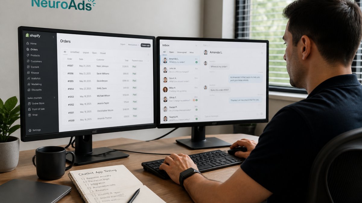 An e-commerce operations manager at a desk with two monitors, one showing a Shopify order dashboard and the other a chat inbox with customer conversations, a notebook with handwritten test notes nearby, soft office lighting