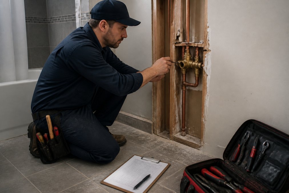 Maintenance technician inspecting a shower rough-in valve inside an open bathroom wall with tools nearby