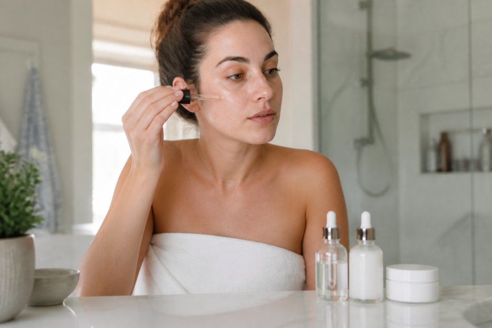 Woman with dry skin applying serum to her face as part of a simple skincare routine in a bright bathroom.