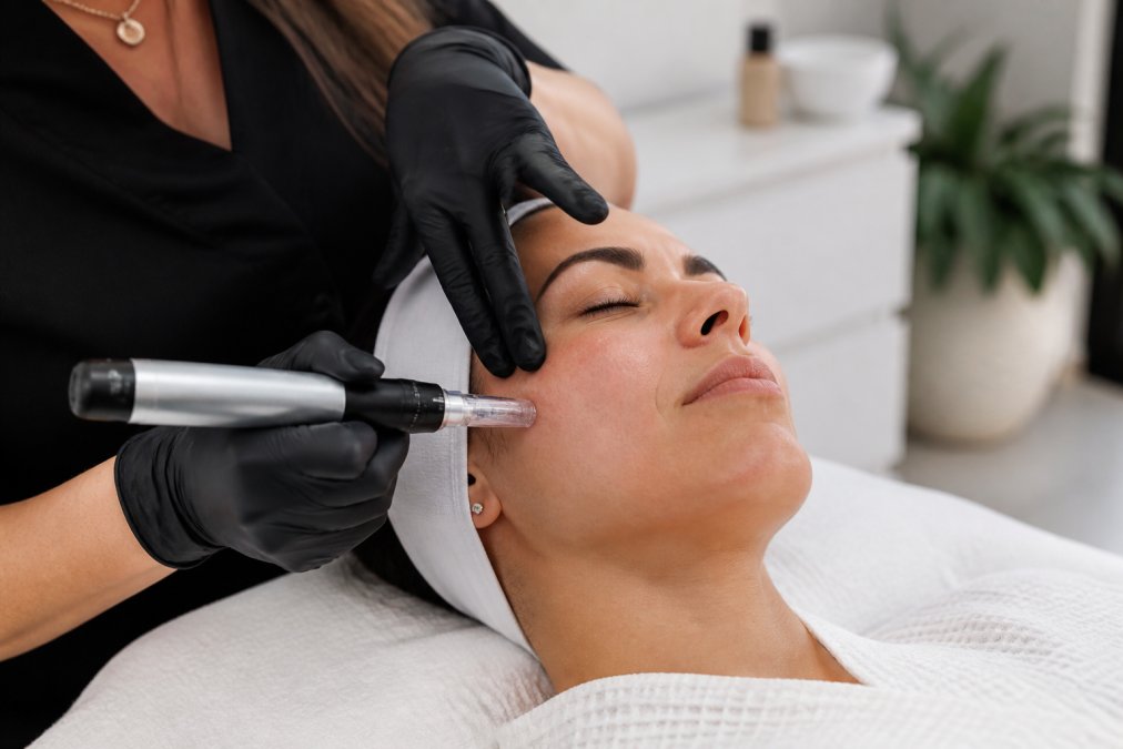 A close-up of a clinician's gloved hands performing microneedling on a client's cheek in a bright, modern clinic room with natural light
