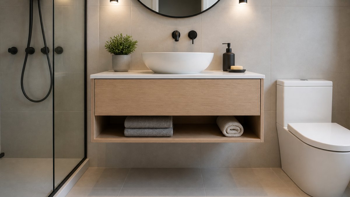 A compact bathroom with a wall-hung floating vanity in light wood, a vessel sink, and open floor space visible beneath, styled with a small plant and folded towels