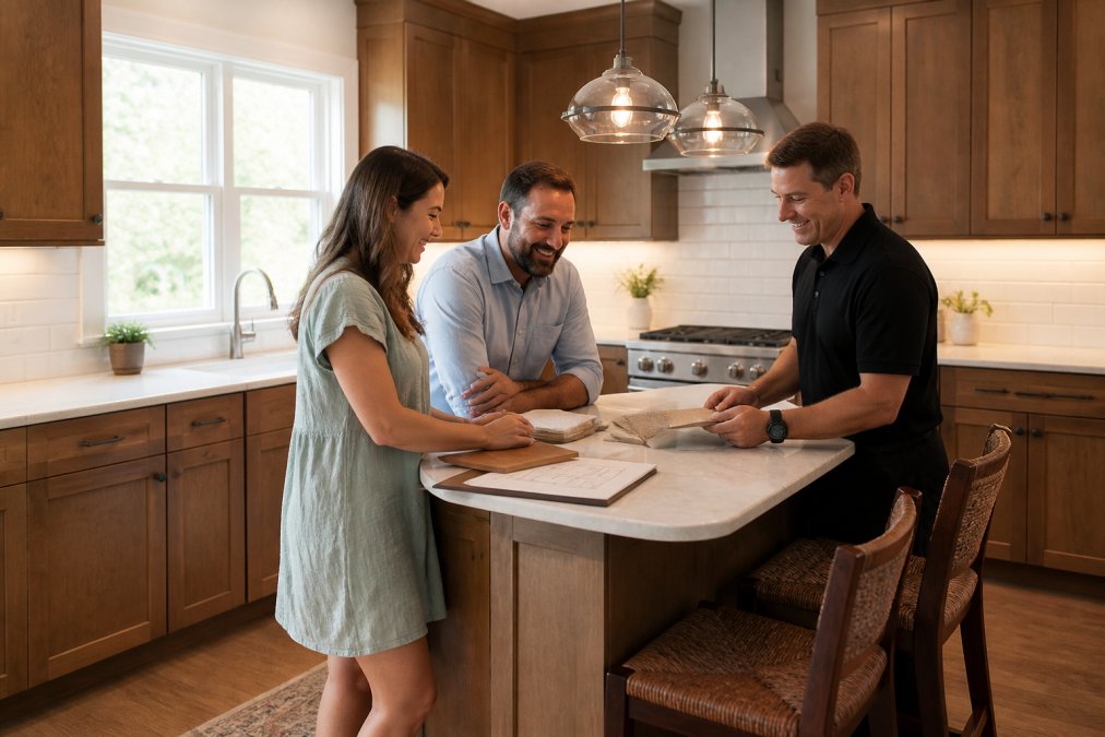 Bright compact kitchen in an Atlanta bungalow, warm wood cabinets, white subway tile backsplash, small island with two pendant lights, morning sunlight through a window