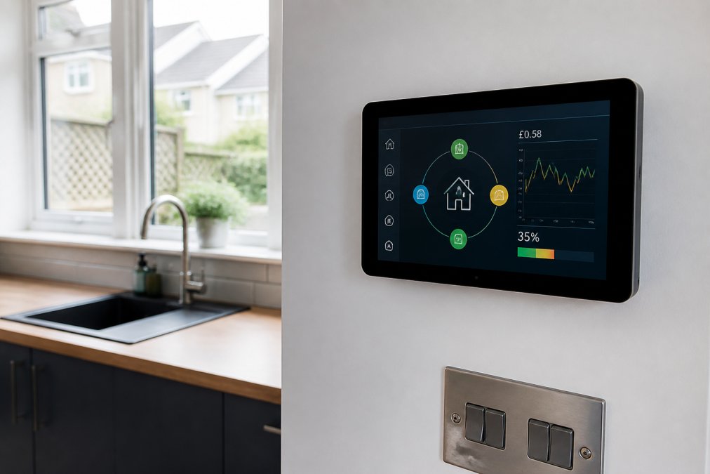 A modern smart home energy dashboard displayed on a tablet, mounted on a kitchen wall in a bright Scottish home, showing real-time energy consumption data