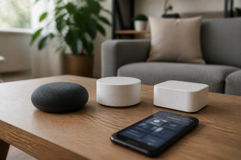A clean modern living room coffee table with three different smart home hub devices arranged side by side, a smartphone showing a home automation app lying in the foreground, soft natural window light