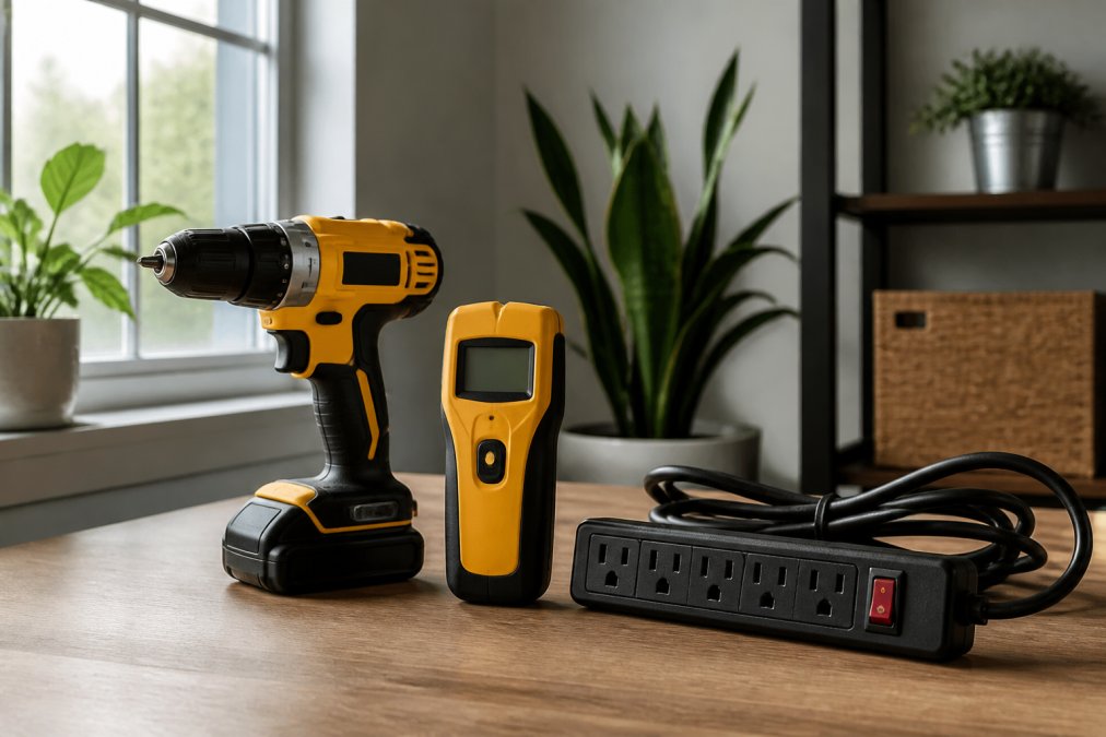 A well-organized small apartment workspace with a compact cordless drill, stud finder, and power strip arranged neatly on a desk, natural light from a window, plants in the background